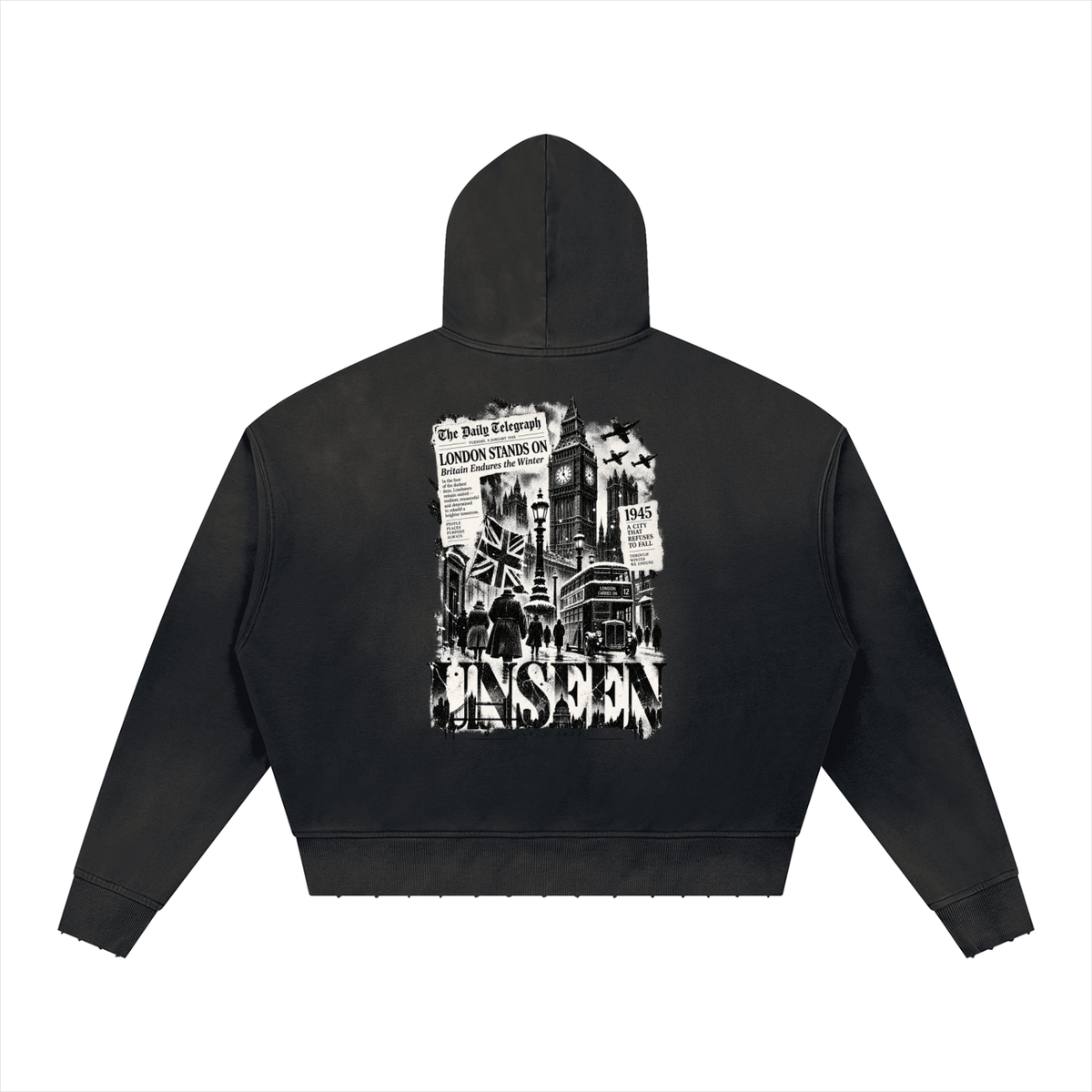 Urban Fashion & Streetwear | Craftklart black boxy hoodie with back graphic print of London 1945 and distressed edges