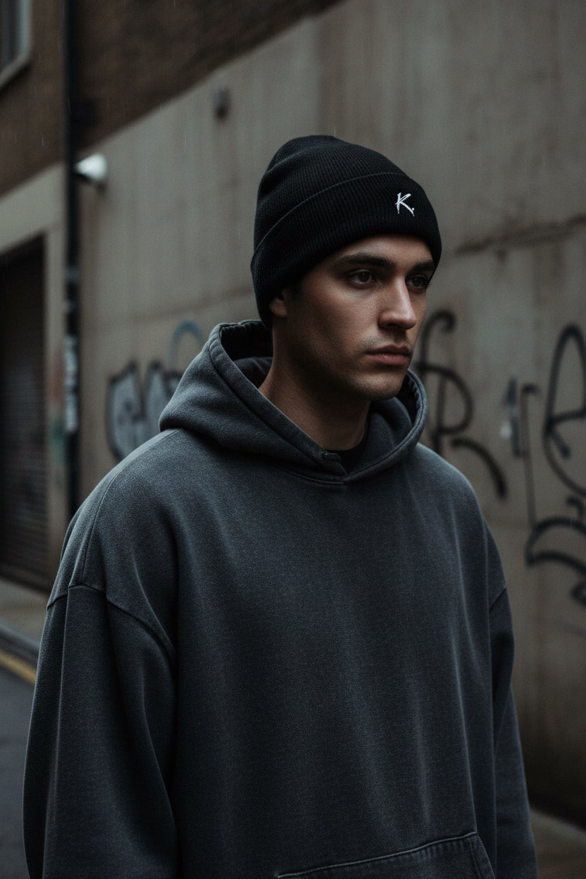 Urban Fashion & Streetwear | Craftklart black cotton blend beanie with white embroidered K logo on the cuff