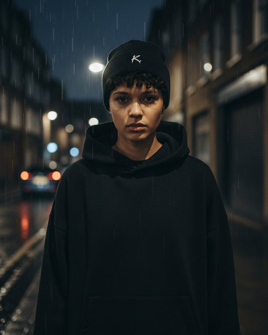 Urban Fashion & Streetwear | Craftklart black embroidered beanie with a white K logo on the folded cuff