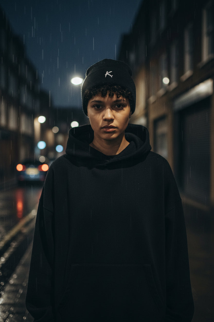 Urban Fashion & Streetwear | Craftklart black embroidered beanie with a white K logo on the folded cuff