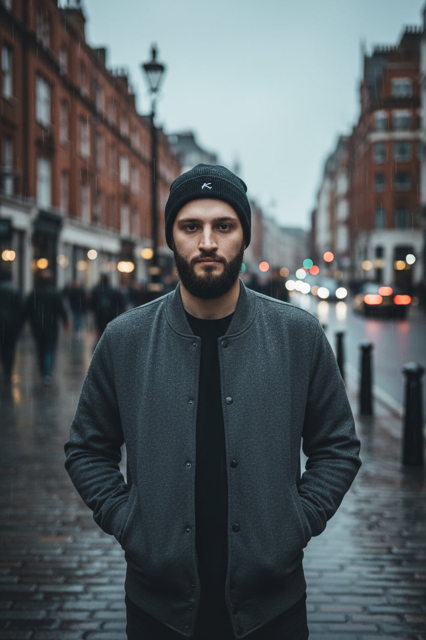 Urban Fashion & Streetwear | Craftklart black embroidered beanie worn by a bearded man in a grey jacket