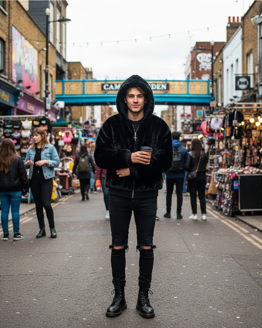 Urban Fashion & Streetwear | Craftklart reversible black faux fur zip-up hoodie worn by a man in a city market