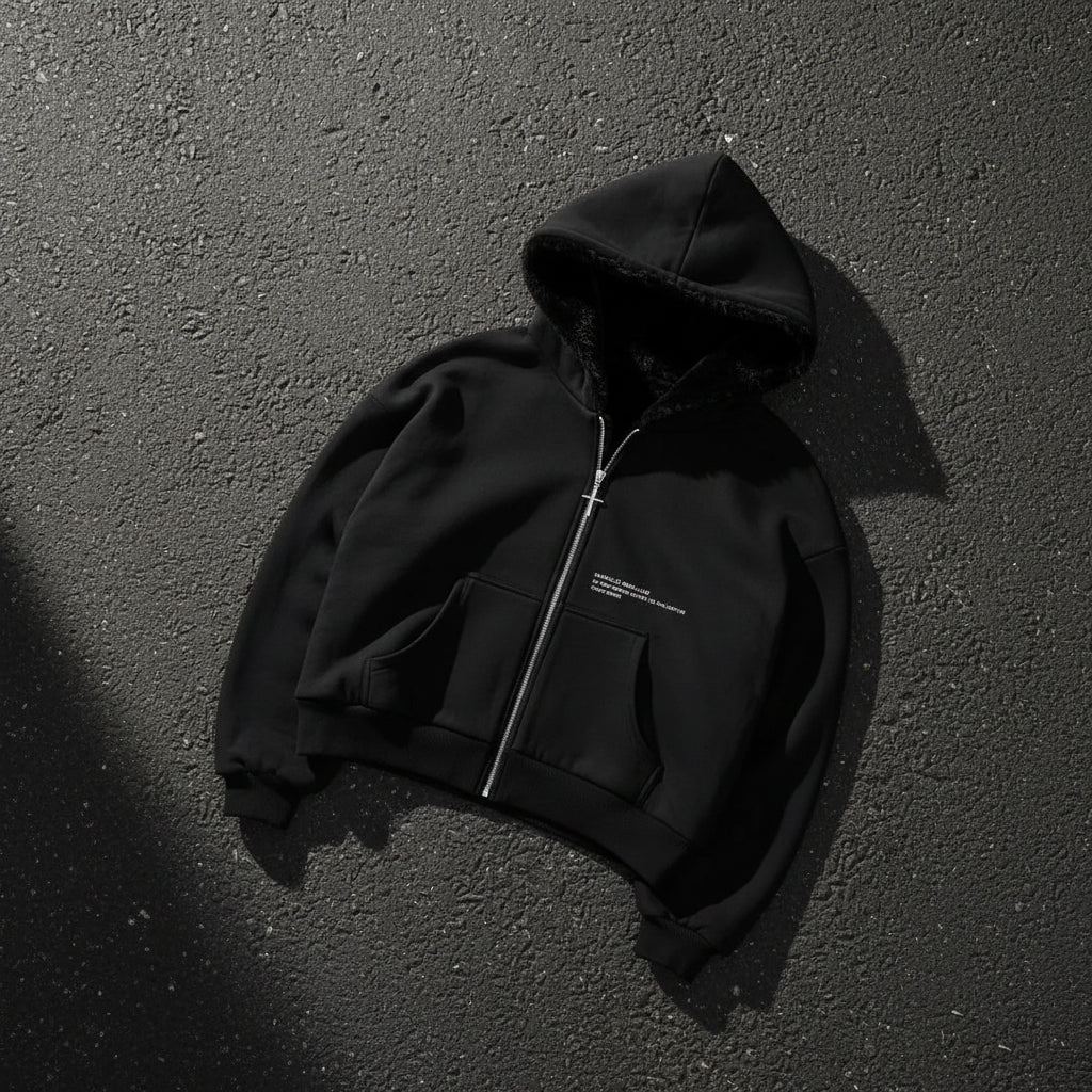 Urban Fashion & Streetwear | Craftklart black reversible zip-up hoodie with plush faux fur lining and graphic print