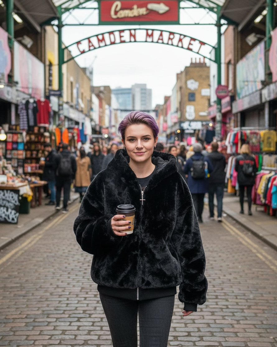 Urban Fashion & Streetwear | Craftklart reversible black faux fur zip-up hoodie worn by a person in Camden Market