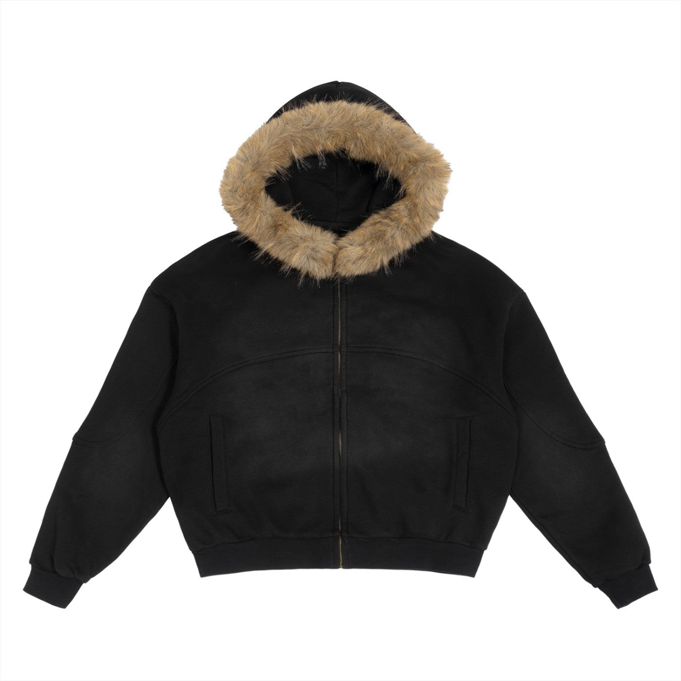 Urban Fashion & Streetwear | Craftklart black boxy zip-up jacket with a detachable faux fur hood trim