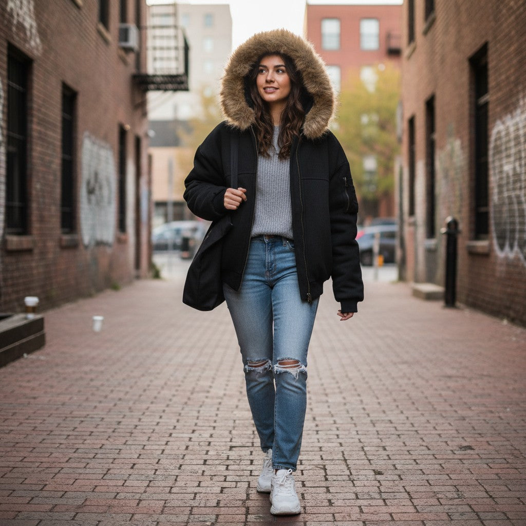 Urban Fashion & Streetwear | Craftklart black zip-up jacket with faux fur hood worn by a woman in an urban alleyway.