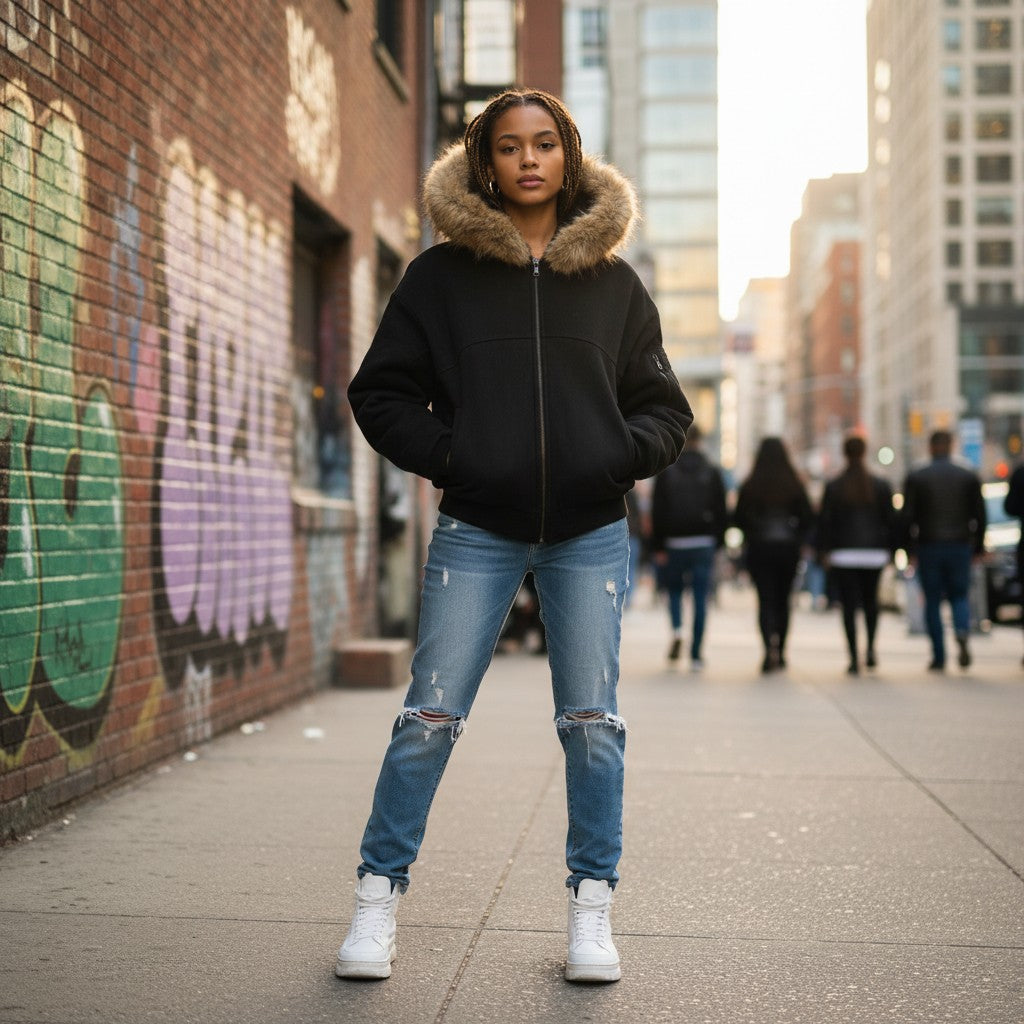 Model wearing Urban Fashion & Streetwear | Craftklart black zip-up jacket with detachable faux fur hood on city street