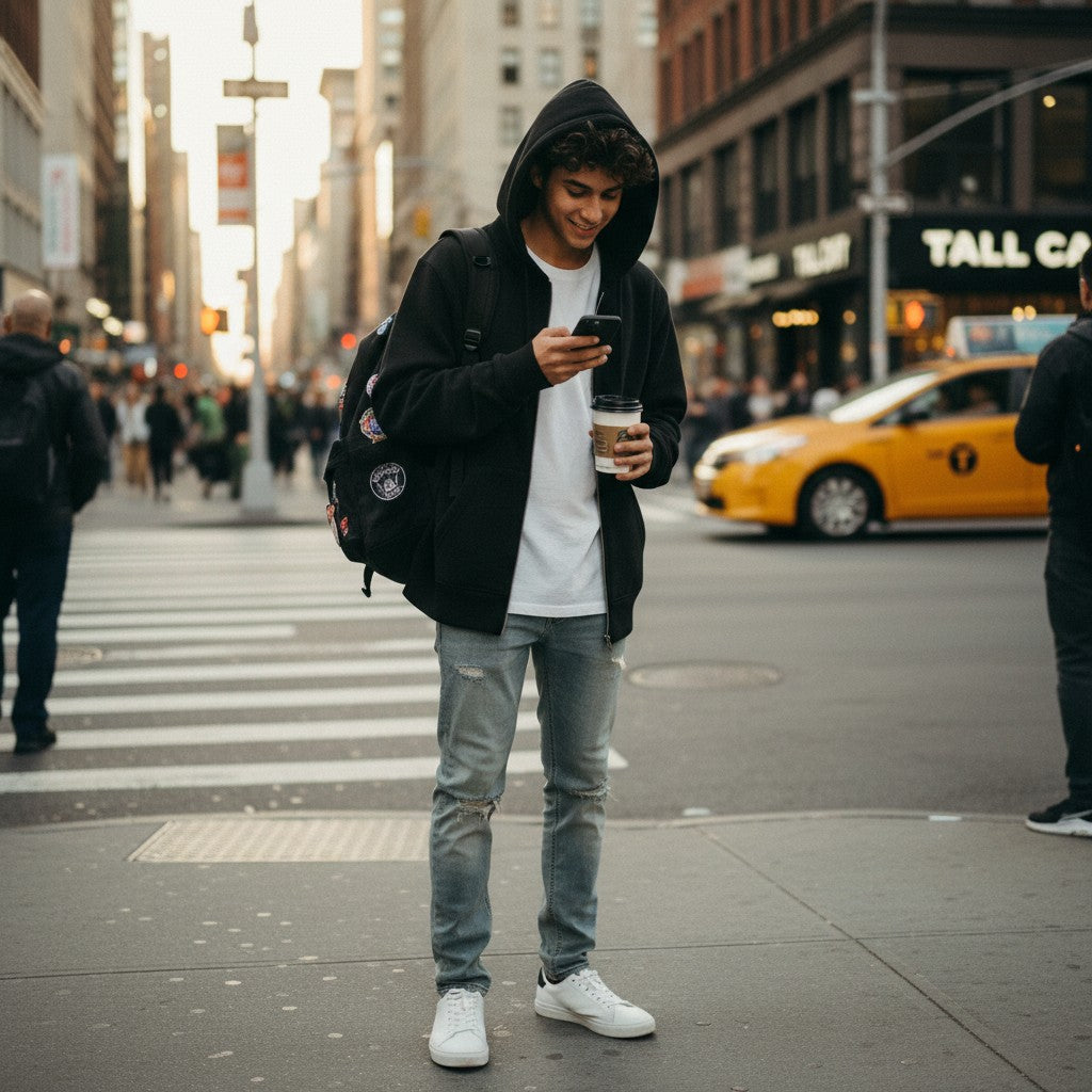 A young man wearing an Urban Fashion & Streetwear | Craftklart black fleece full zip hoodie on a busy city street.