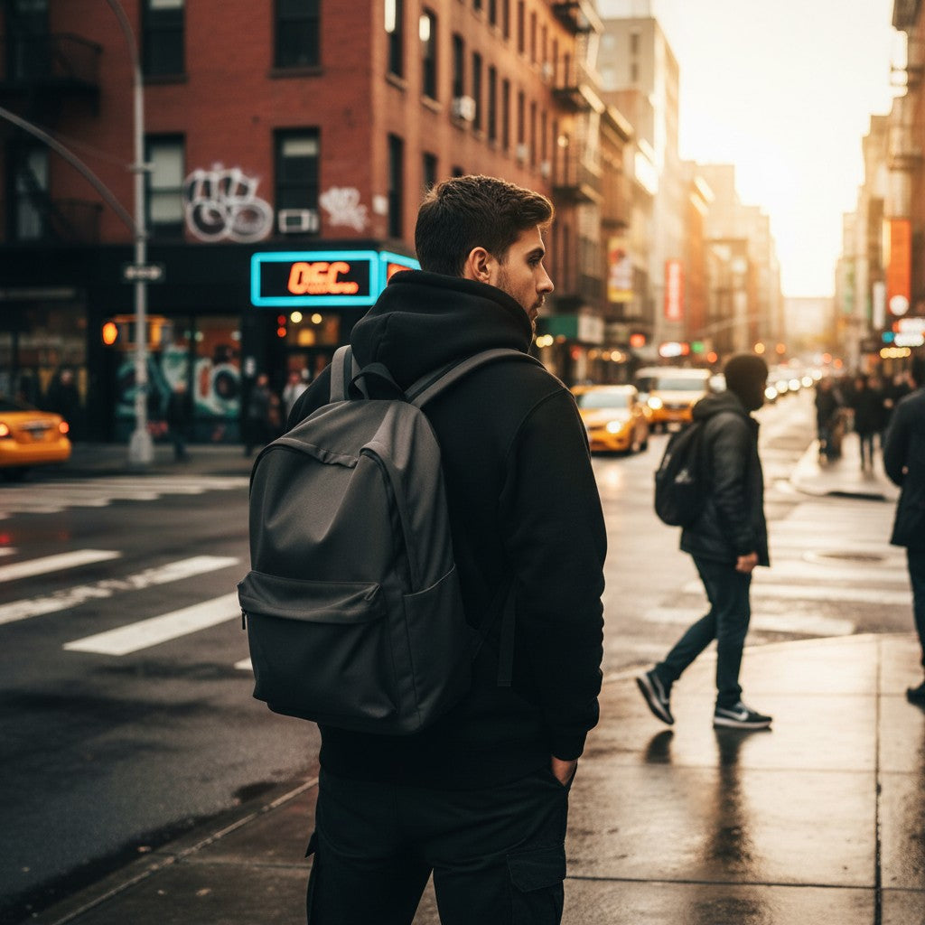 Urban Fashion & Streetwear | Craftklart unisex black fleece full zip hoodie worn by a man with a backpack in the city
