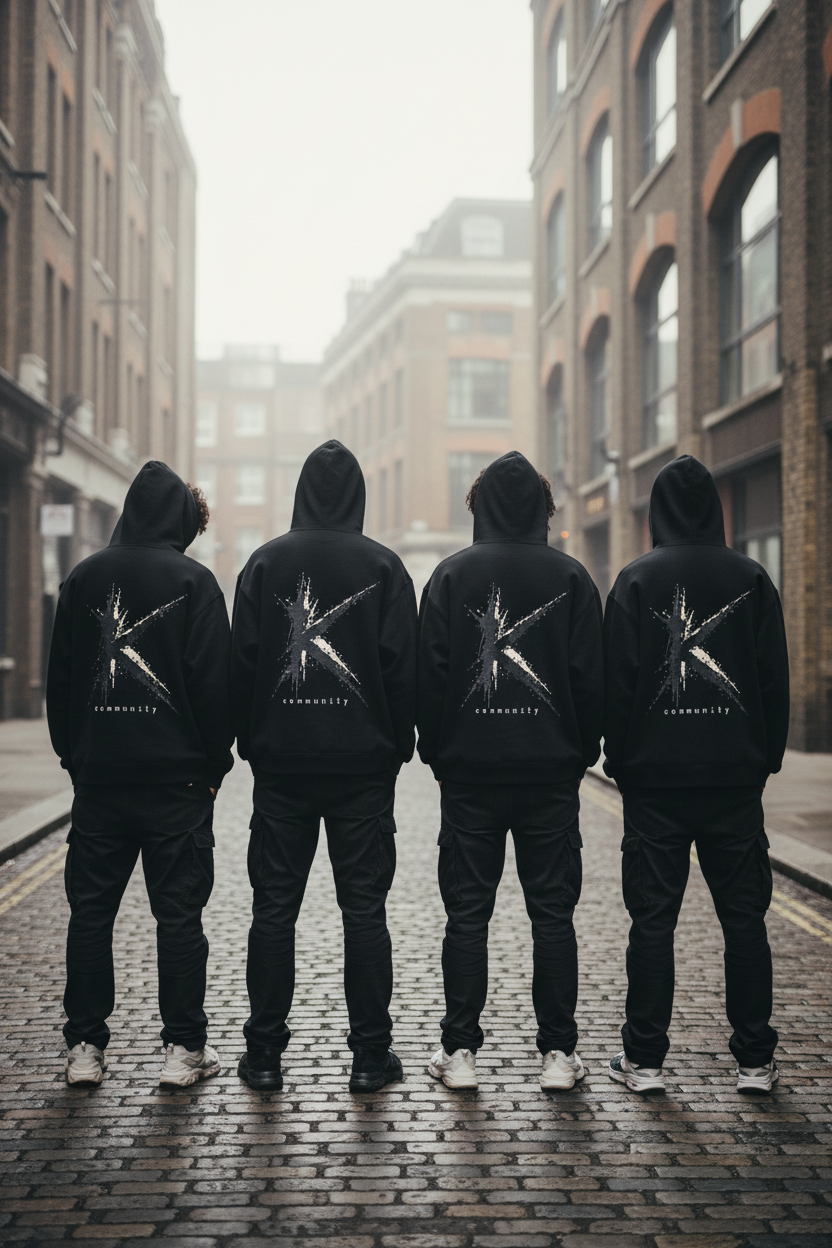 Four people wearing Urban Fashion & Streetwear | Craftklart black oversized fleece zip-up hoodies with K logo on back