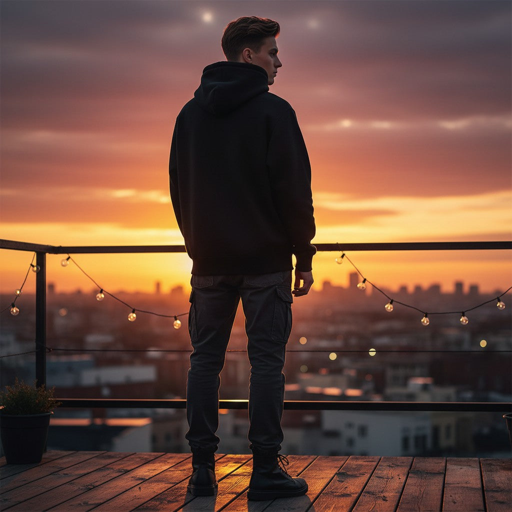 A man wearing a black Urban Fashion & Streetwear | Craftklart fleece full zip hoodie on a rooftop at sunset.