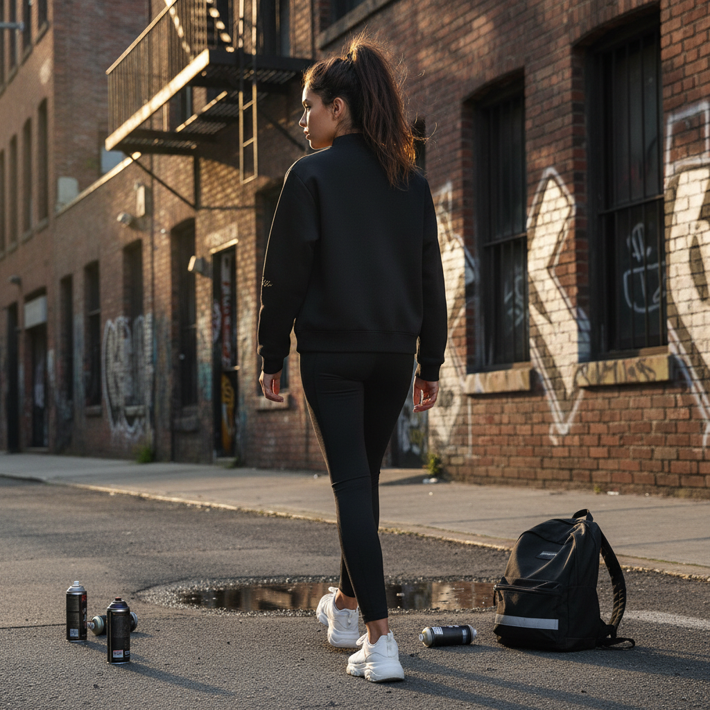 Urban Fashion & Streetwear | Craftklart model wearing an oversized black fleece mock-neck sweatshirt and leggings.