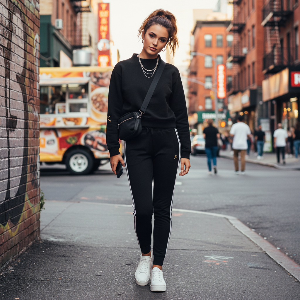 Urban Fashion & Streetwear | Craftklart oversized black mock-neck fleece sweatshirt worn by a woman on a city street.