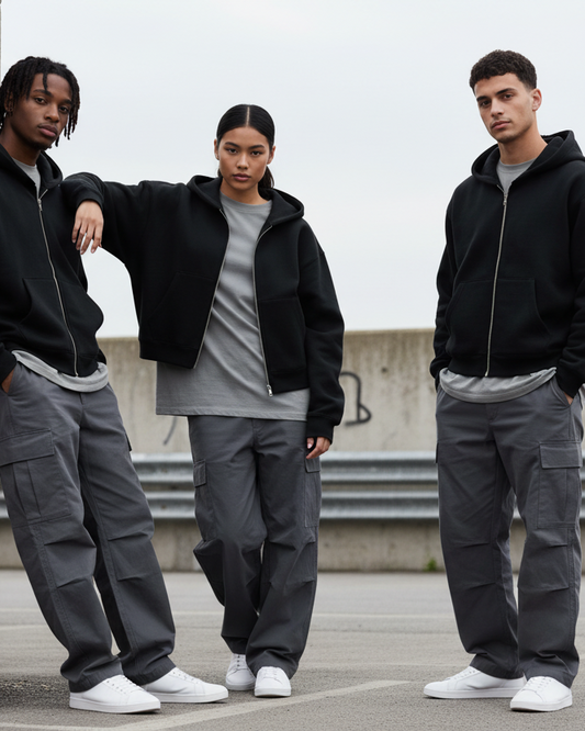 Three models wearing Urban Fashion & Streetwear | Craftklart black oversized fleece zip-up hoodies with grey cargo pants.