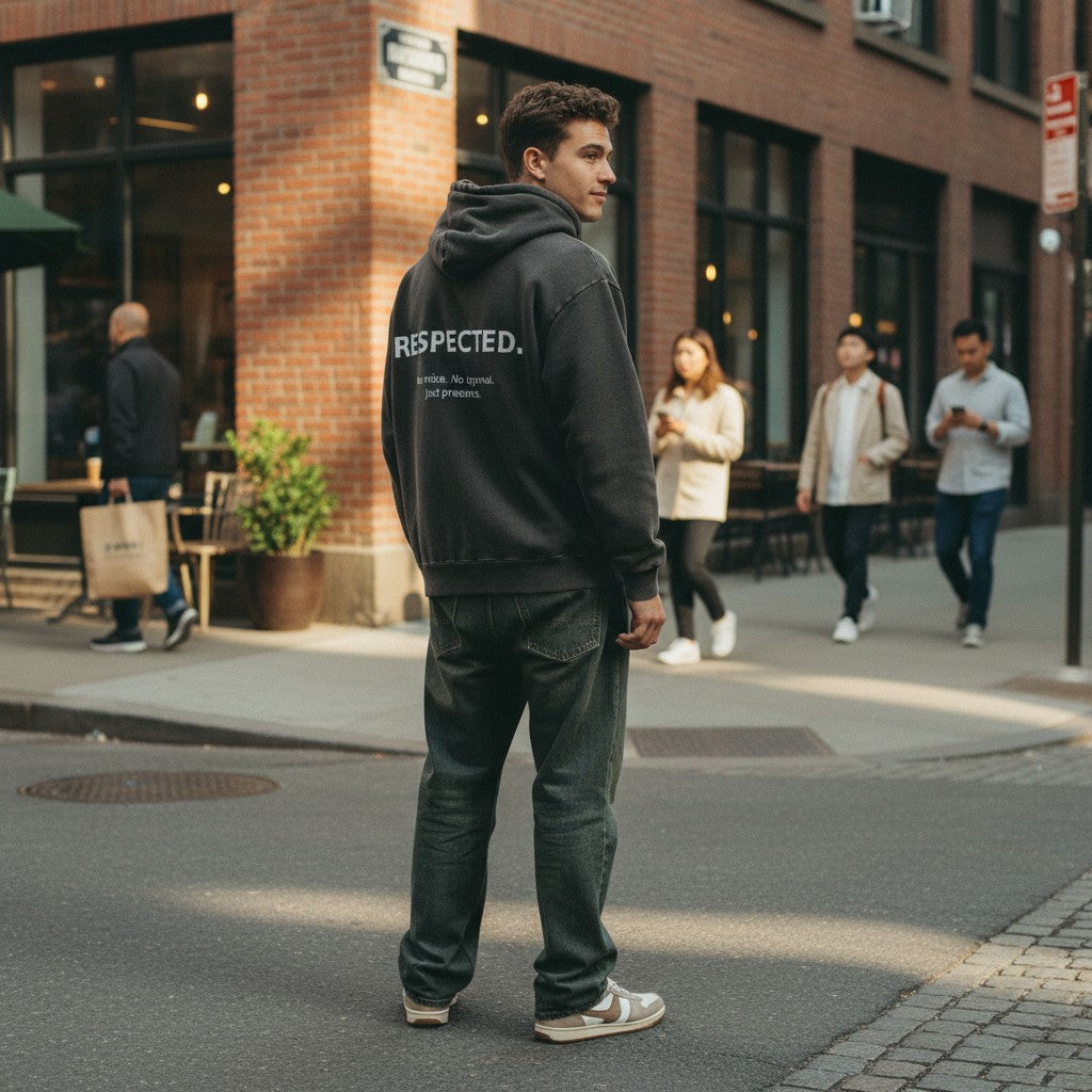 A man wearing a black Urban Fashion & Streetwear | Craftklart vintage washed heavyweight hoodie with a frayed hem.