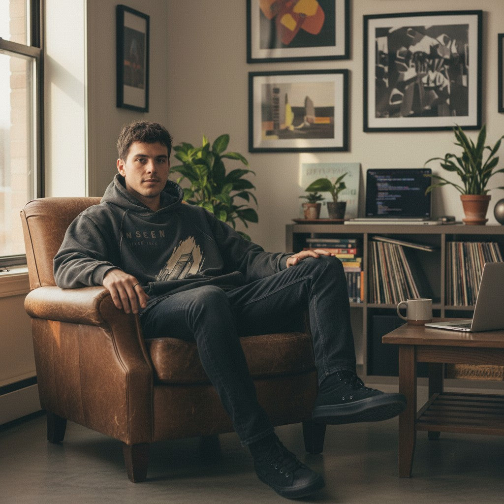 A man wearing a Craftklart vintage washed black heavyweight hoodie with a frayed hem, sitting in a leather armchair.