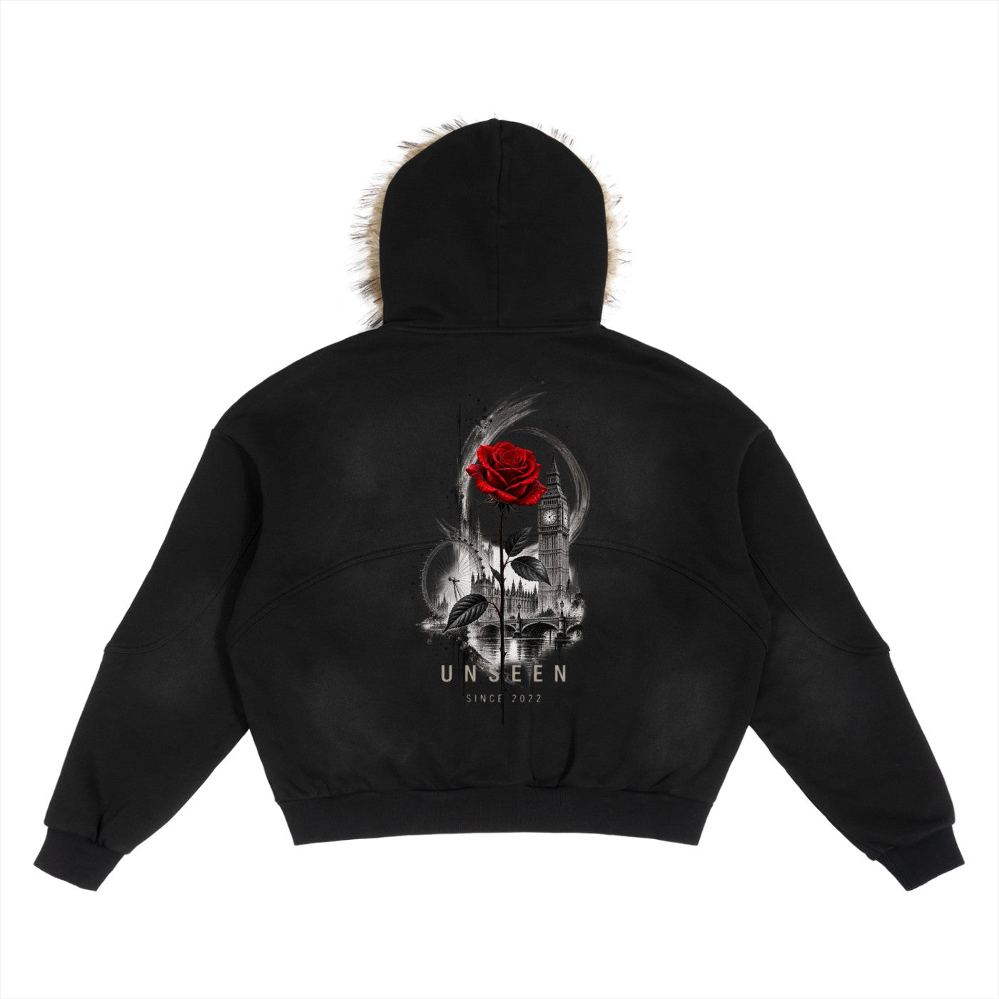 Urban Fashion & Streetwear | Craftklart black zip-up hoodie with detachable faux fur trim and rose cityscape back print