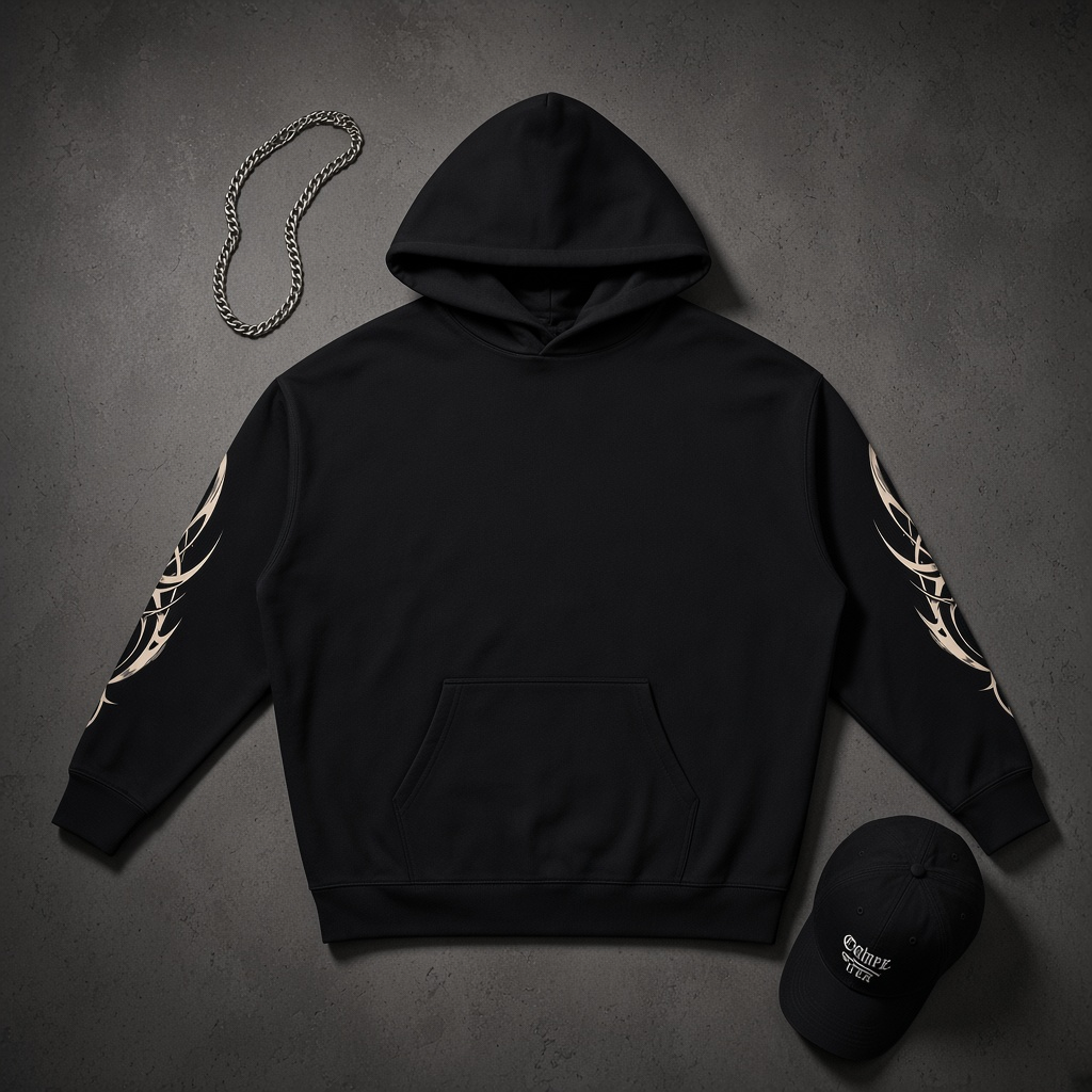 Urban Fashion & Streetwear | Craftklart black heavyweight hoodie with tribal sleeve graphics and a matching cap
