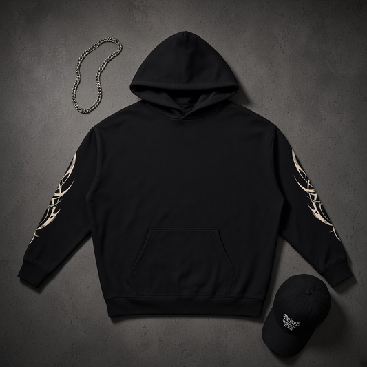 ODMPOD Thornline Heavyweight Hoodie in black with urban streetwear graphic, showcasing a comfortable, stylish hoodie design.