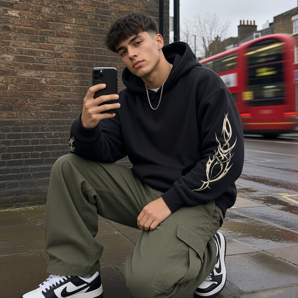 Urban Fashion & Streetwear | Craftklart black heavyweight hoodie with tribal sleeve graphics worn by a man outdoors.