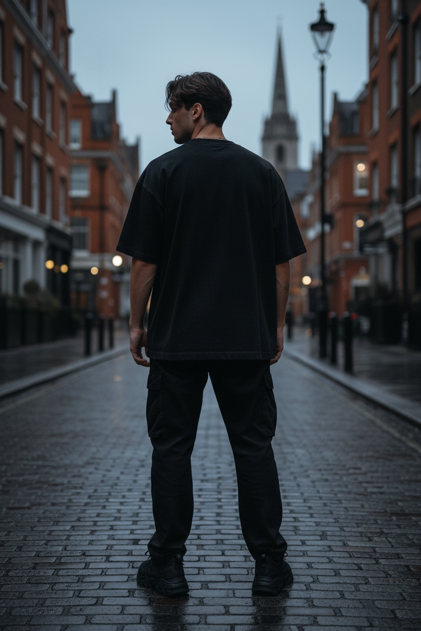 Back view of a black heavyweight 100% cotton drop shoulder t-shirt from Urban Fashion & Streetwear | Craftklart