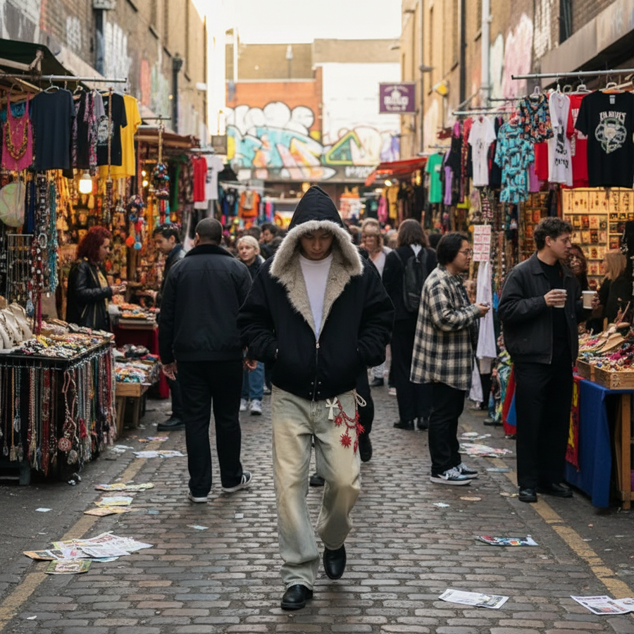 Urban Fashion & Streetwear | Craftklart unisex oversized black hooded jacket with cotton lining worn in a street market