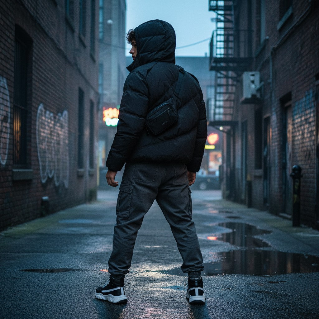 Urban Fashion & Streetwear | Craftklart black hooded puffer jacket with slanted zipper worn in a city alleyway