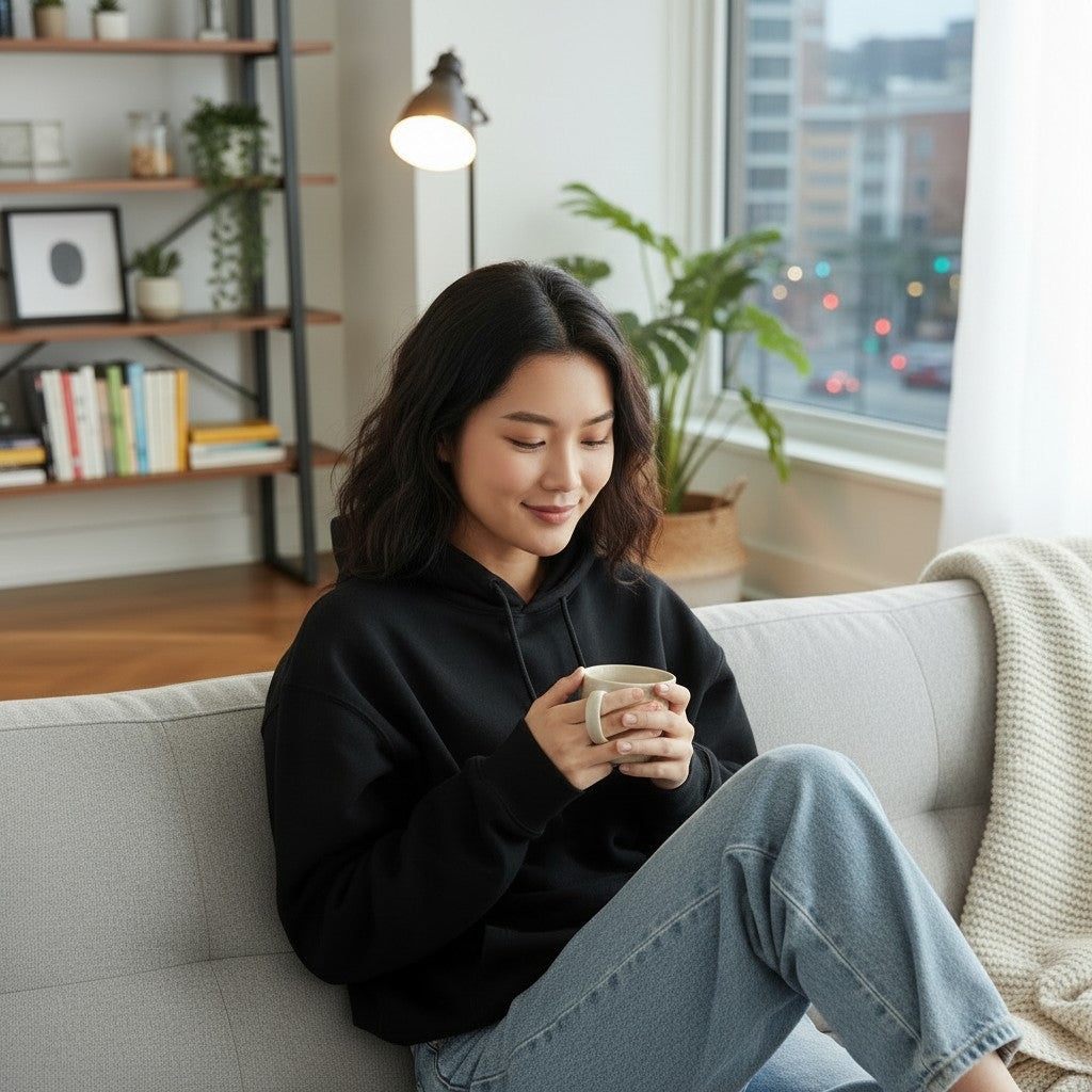 A woman wearing a black Urban Fashion & Streetwear | Craftklart hoodie, sitting on a couch holding a mug.