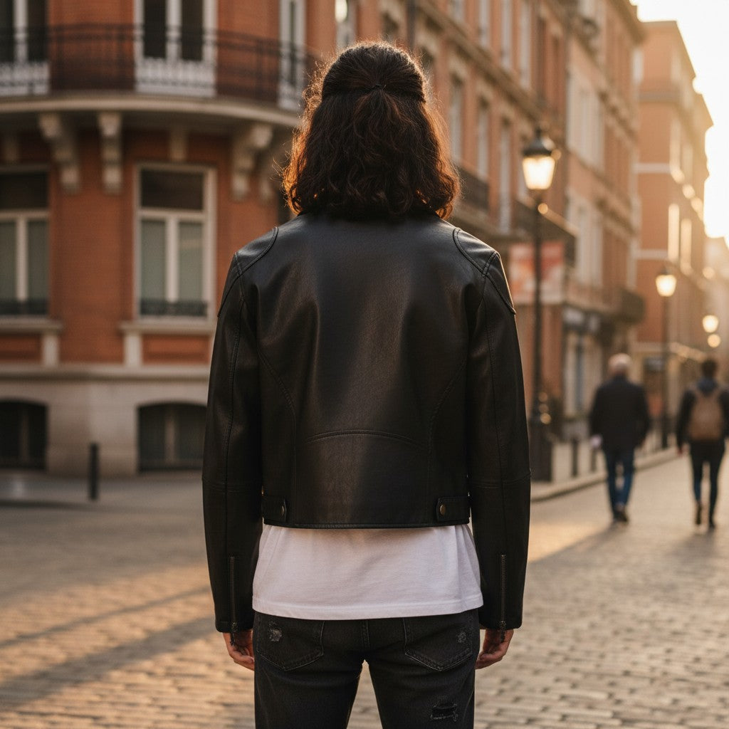 Urban Fashion & Streetwear | Craftklart black loose fit jacket with stand collar worn in a city street at sunset
