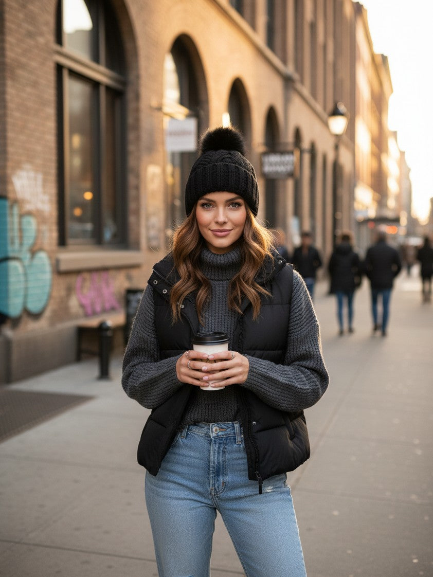 Urban Fashion & Streetwear | Craftklart black cable-knit beanie with a pom-pom worn by a woman on a city street.