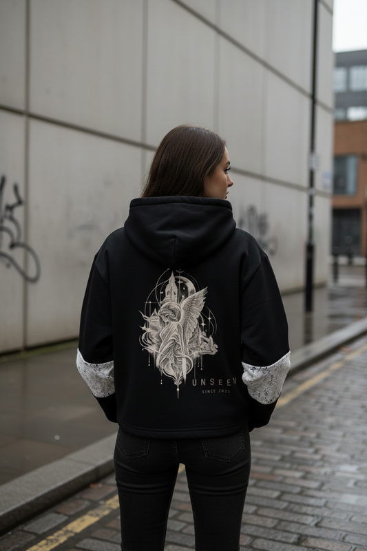 Black ODMPOD Urban Girl drop shoulder hoodie with lace details, streetwear style, and relaxed fit.