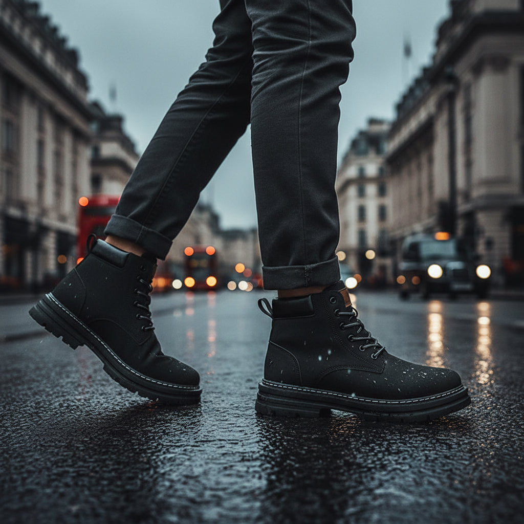 Urban Fashion & Streetwear | Craftklart black lace-up ankle boots with a rugged lug sole and padded collar.
