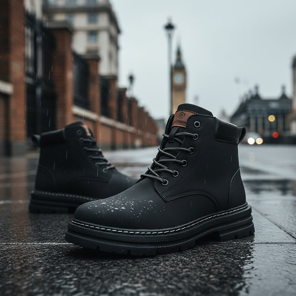 Urban Fashion & Streetwear | Craftklart black lace-up ankle boots with a rugged lug sole and padded collar.
