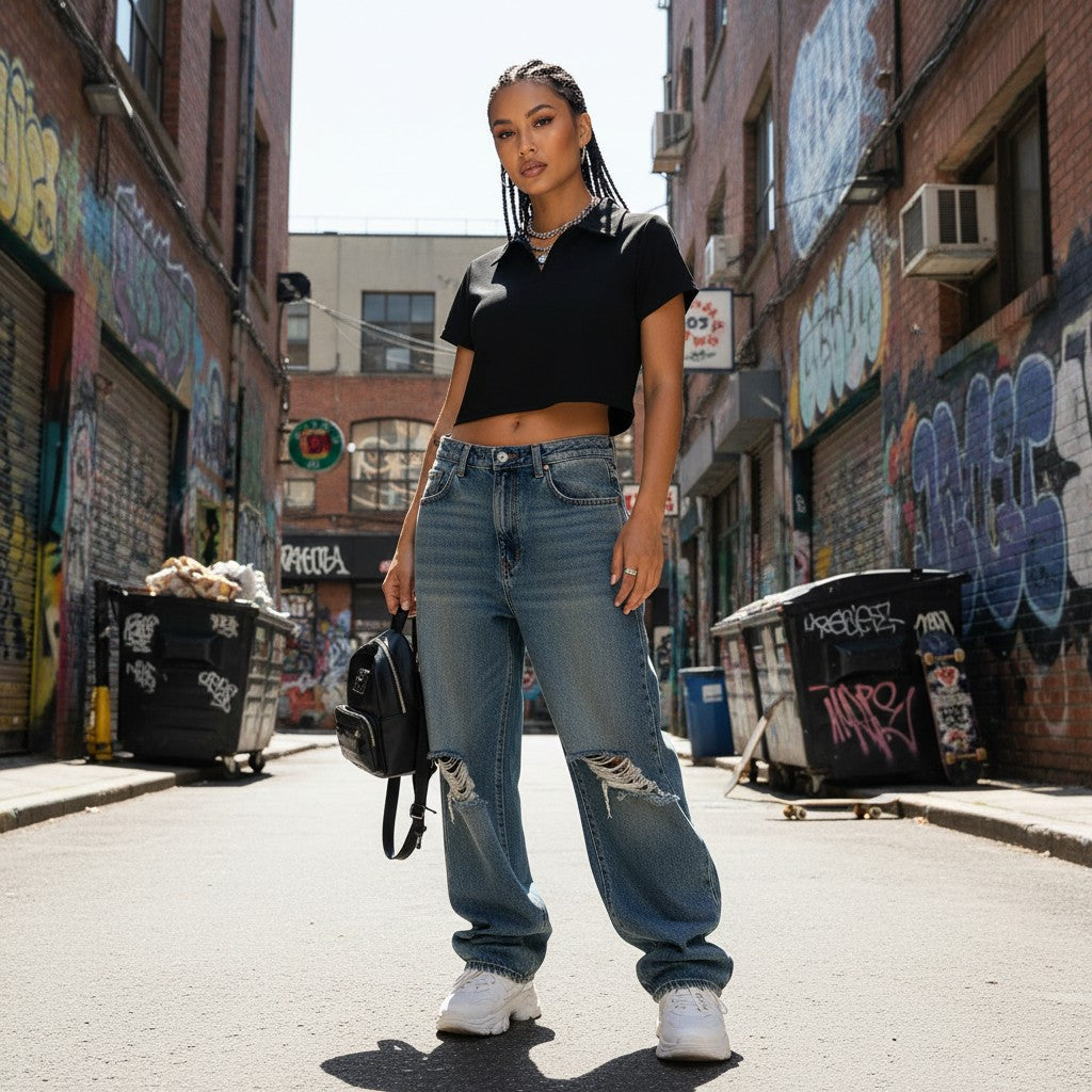 Urban Fashion & Streetwear | Craftklart black v-neck lapel crop top worn with distressed baggy jeans in an urban alley