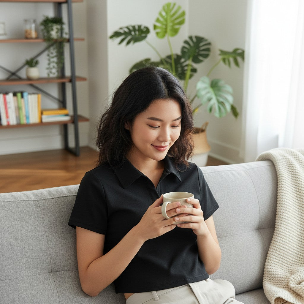 Urban Fashion & Streetwear | Craftklart black V-neck lapel crop top worn by a woman holding a mug on a sofa