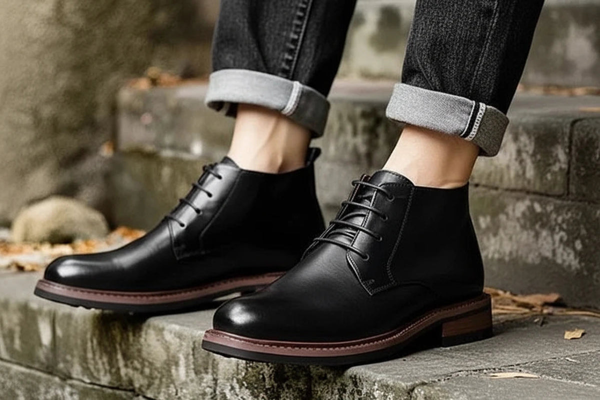 Urban Fashion & Streetwear | Craftklart black leather lace-up work boots with a round toe and rubber sole