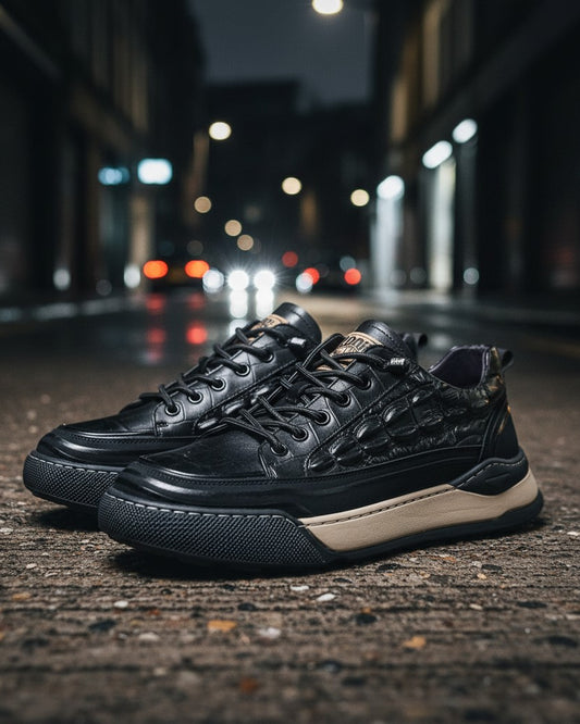 Urban Fashion & Streetwear | Craftklart black leather sneakers with crocodile texture on a city street at night.