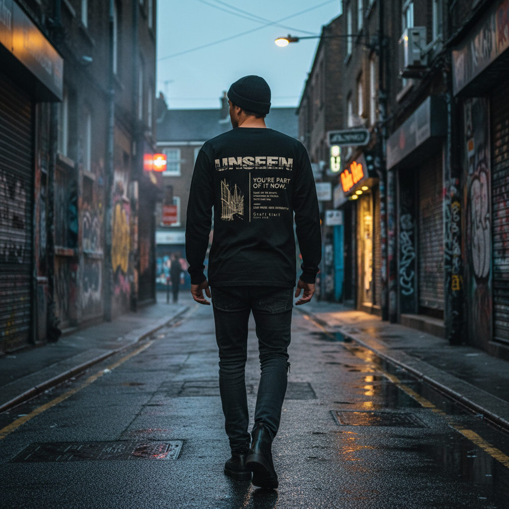 A man wearing a black long sleeve Urban Fashion & Streetwear | Craftklart t-shirt with a graphic print in a city alley.