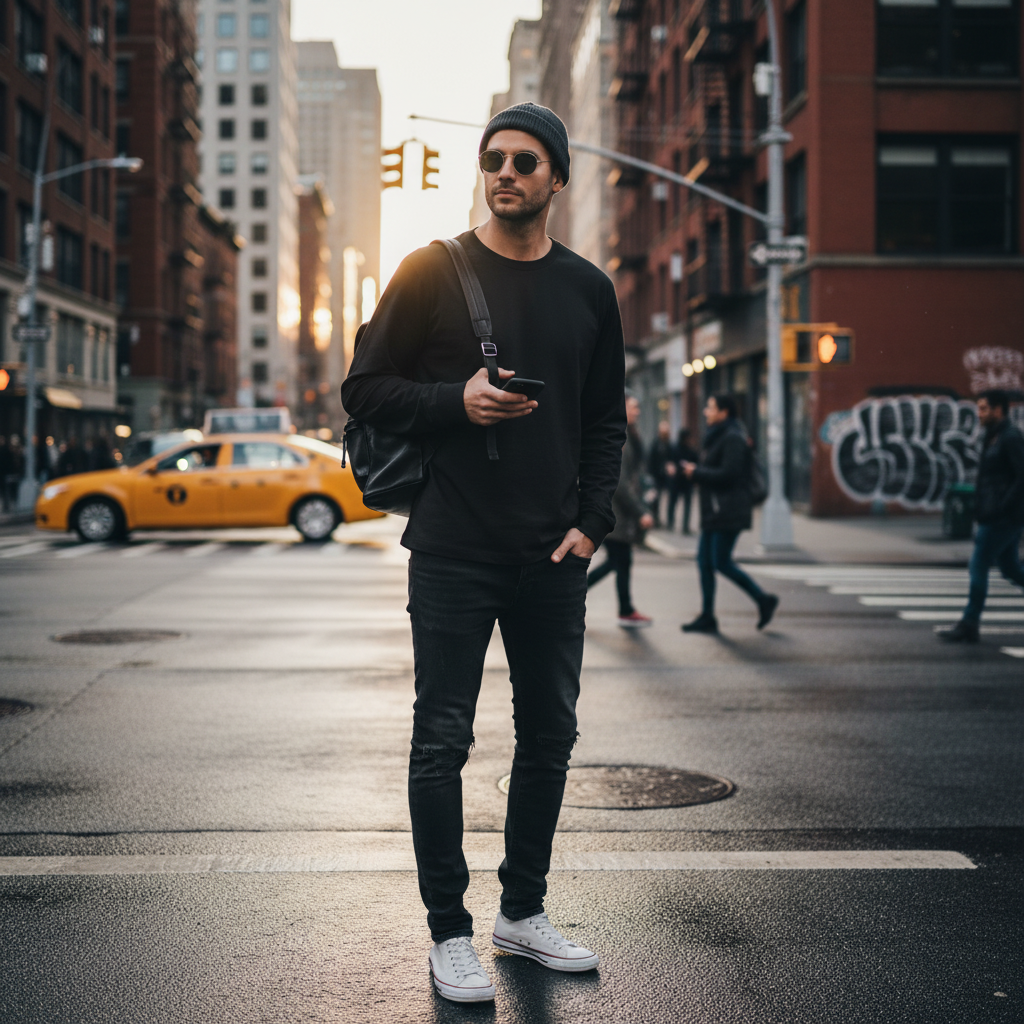 Urban Fashion & Streetwear | Craftklart long sleeve boxy tee in black worn by a man in a city street setting.