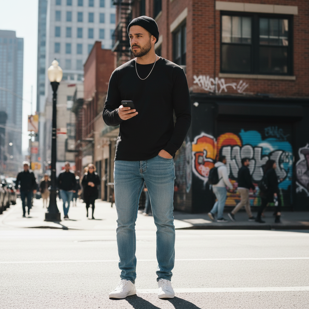 Man wearing Urban Fashion & Streetwear | Craftklart black long sleeve tee with blue jeans and beanie on city street
