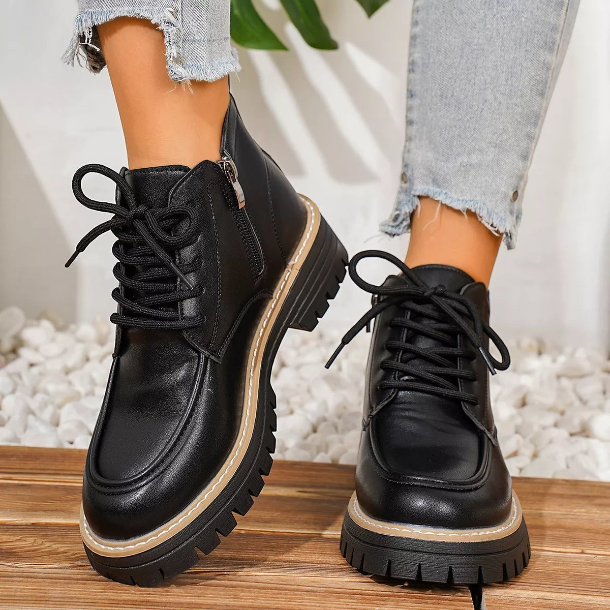 Urban Fashion & Streetwear | Craftklart black lug sole lace-up ankle boots with side zipper and contrasting welt