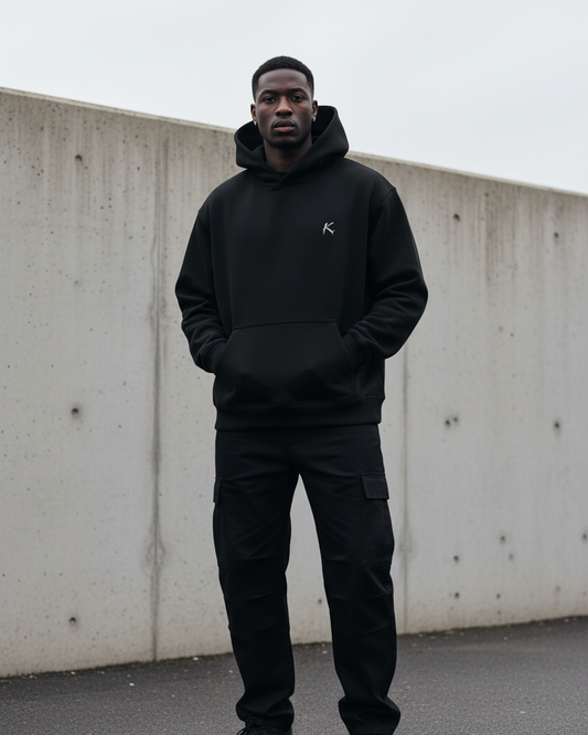 Model wearing a black Craftklart Authority heavyweight oversized cotton hoodie with a drop shoulder and kangaroo pocket