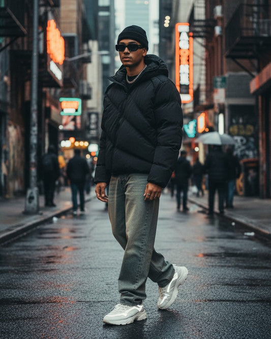 Urban Fashion & Streetwear | Craftklart black padded hooded jacket with slanted zipper worn by a man on a city street