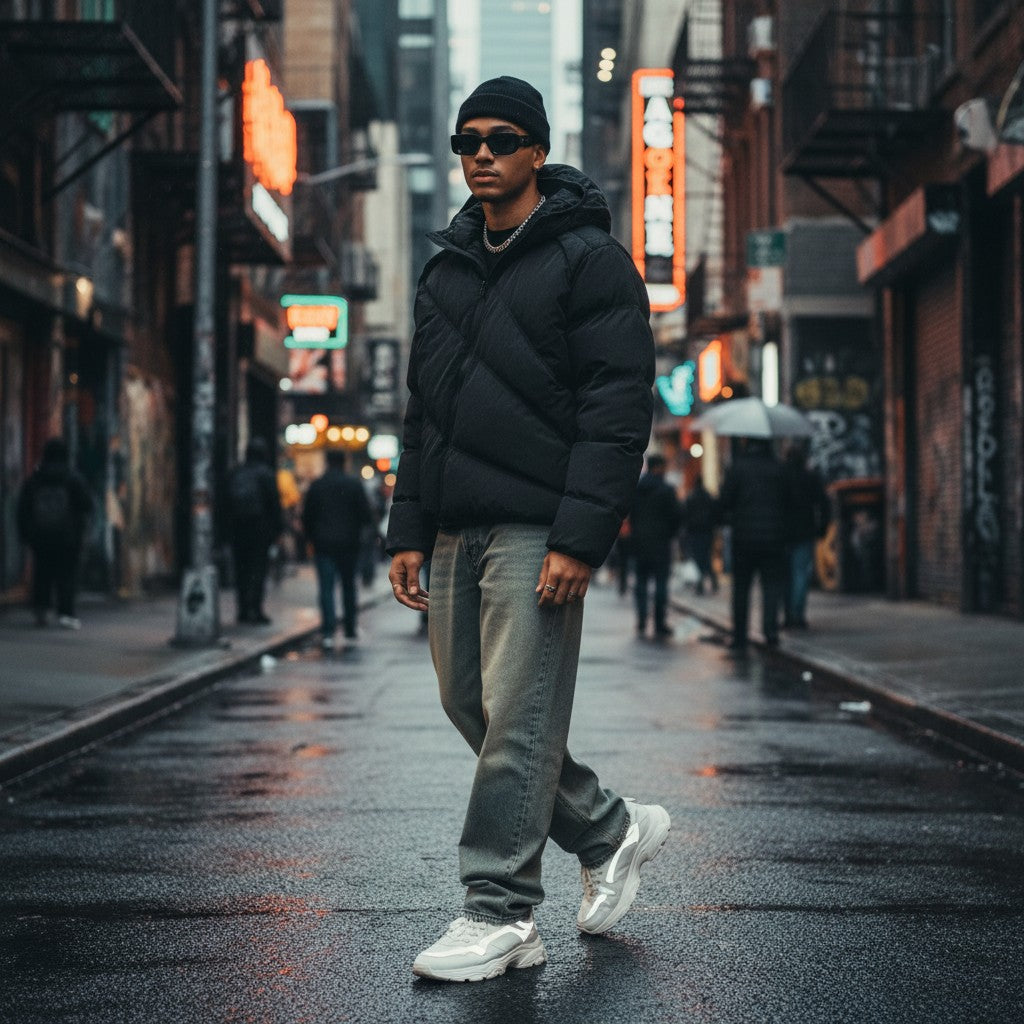 Urban Fashion & Streetwear | Craftklart black padded hooded jacket with slanted zipper worn by a man on a city street