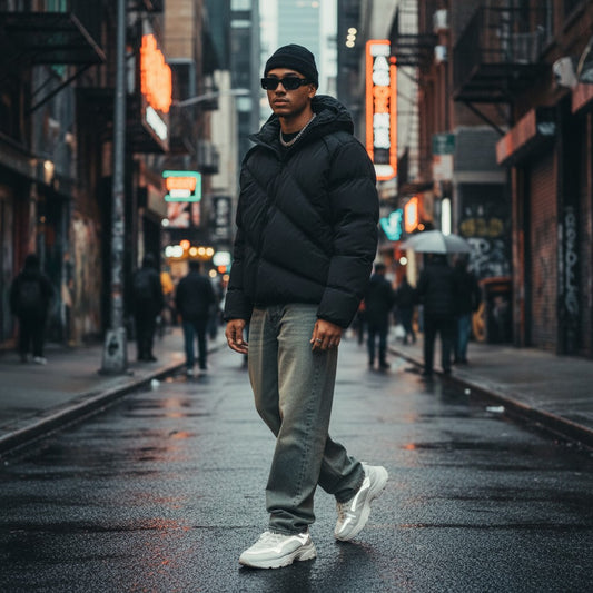 Men's black Craftklart Slanted Zip Puffer Jacket by ODMPOD, featuring a padded design and urban streetwear style.