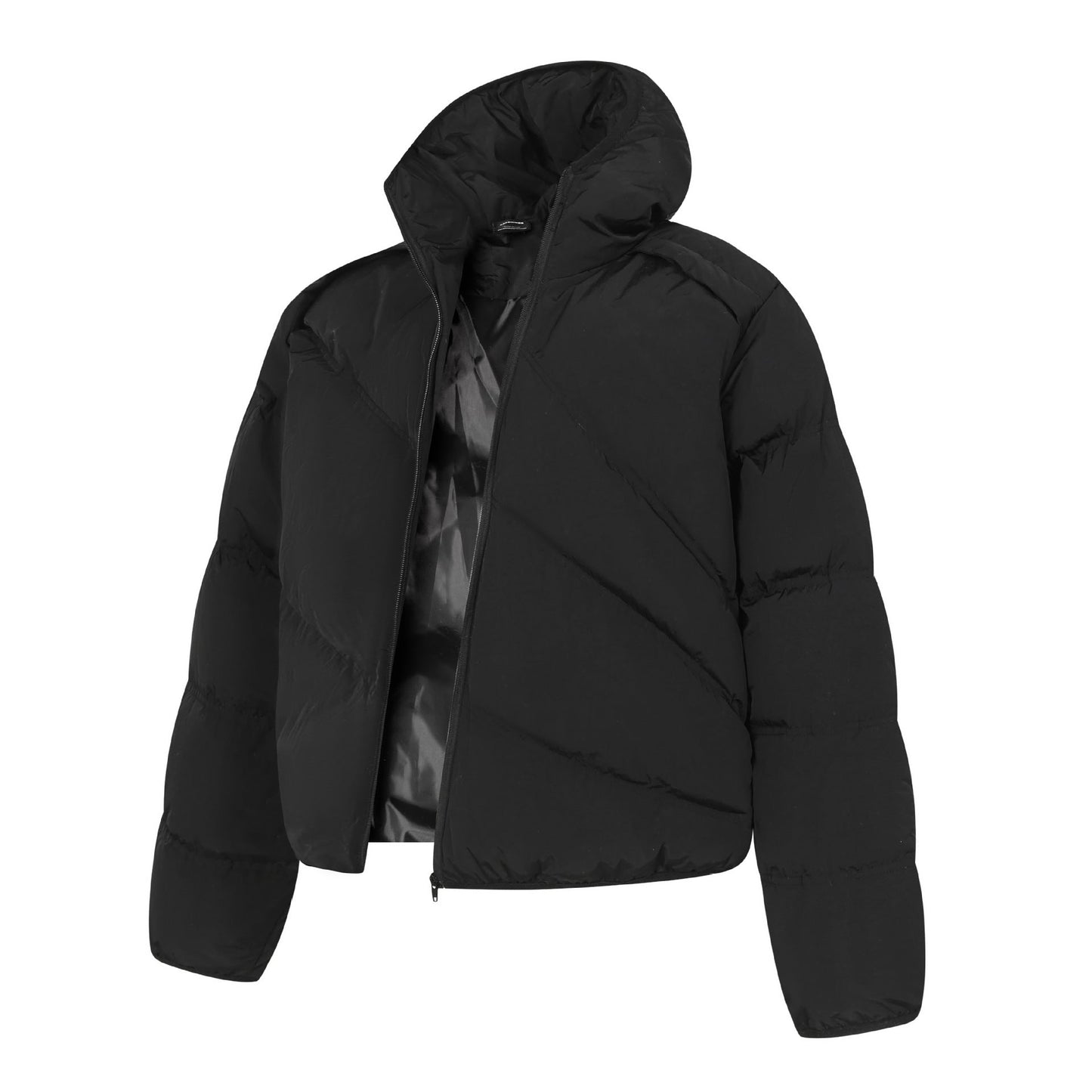 Urban Fashion & Streetwear | Craftklart black padded hooded puffer jacket with a slanted zipper design