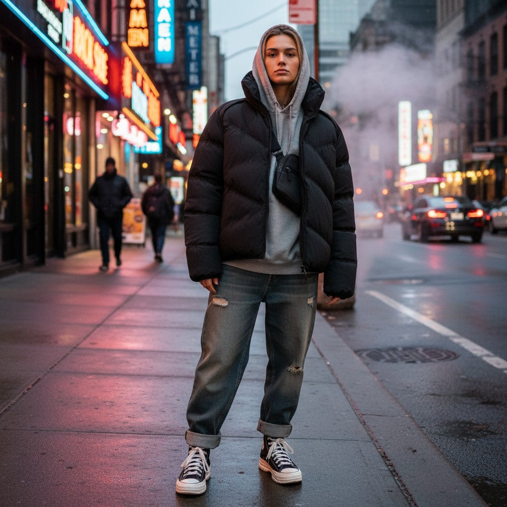 Urban Fashion & Streetwear | Craftklart black padded hooded jacket with slanted zipper worn by a model on city street