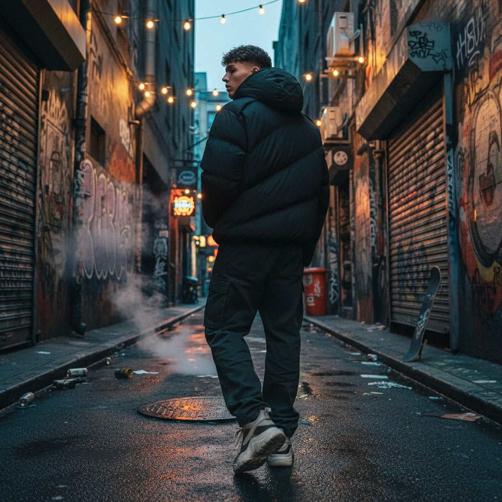 Urban Fashion & Streetwear | Craftklart black padded hooded puffer jacket with slanted zipper in a city alleyway
