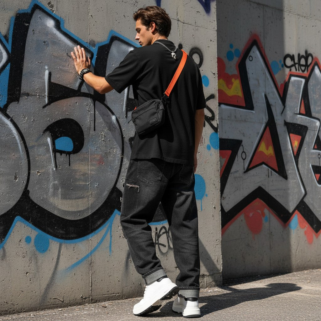 Urban Fashion & Streetwear | Craftklart man wearing a black performance polo shirt and black jeans against graffiti
