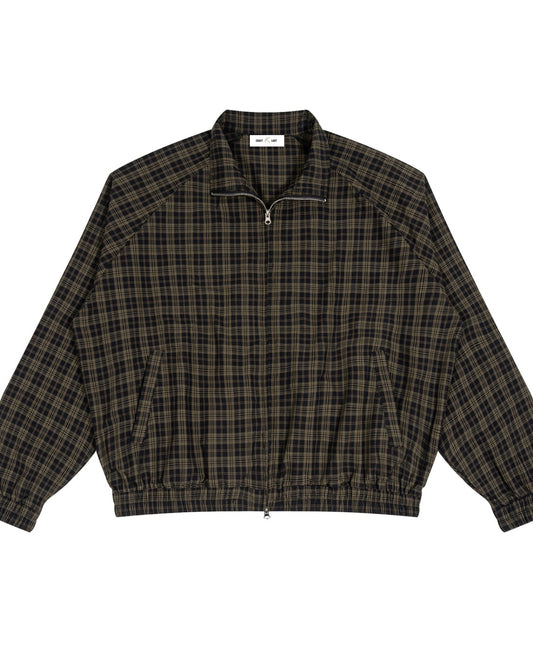Urban Fashion & Streetwear | Craftklart black plaid full-zip track jacket with raglan sleeves and stand collar.